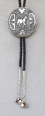 a1912 Chavez silver overlay horse bolo tie with hand made tips including wild horse stone