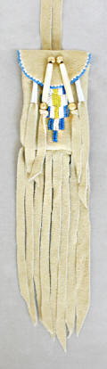 a2235 Fringed brain-tanned deerskin pouch beaded in white, turquoise and yellow