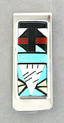 Edaakie turquoise, onyx, coral and mother of pearl silver inlay money clip
