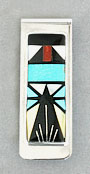 Edaakie turquoise, onyx, coral and mother of pearl silver inlay money clip