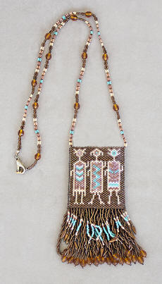 a2257 Navajo metallic copper/multi hex bead necklace/pouch with pueblo style figures