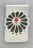 Money clip with cast silver and coral flower