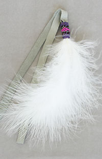 White feather hair tie with lavender/multi beadwork