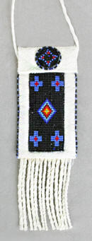 a2423 White buckskin pouch decorated with black/multi cut beadwork and hand twisted fringe