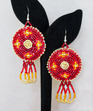 a3119 Red/orange/metallic gold beaded medallion earrings