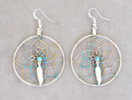 a3185 Silver tone dream catcher earrings with turquoise color beads