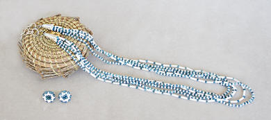 a3592 Frosted white/silver lined baby blue 5-strand bead necklace and earring set