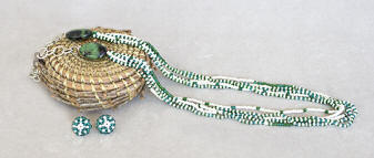 a3594 Pearl/translucent green/blue 5-strand bead necklace and earring set