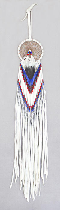 a3628 White leather/bead dream catcher with red/white/royal seed beads