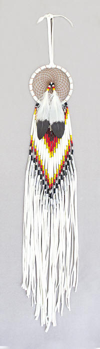 a3629 White leather/bead dream catcher with flame/metallic silver seed beads