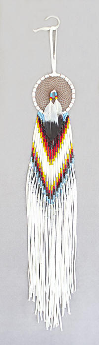 a3631 White leather/bead dream catcher with light blue/flame/iridescent brass seed beads