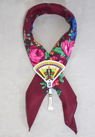a3702 Red/multi cut bead feather fan brooch/pendant and dark red acrylic floral scarf set