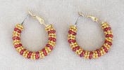 a3712 Red/lined gold bead hoop earrings