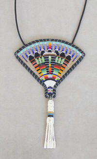 a3748 Navajo light gold/blue/multi cut bead feather fan pendant necklace