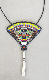 a3750 Navajo yellow/metallic copper/multi cut bead feather fan pendant necklace