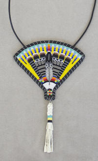 a3752 Navajo yellow/multi cut bead feather fan pendant necklace