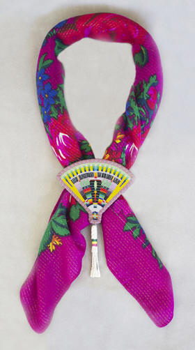 a3754 Navajo yellow/pink/multi cut bead feather fan brooch and scarf set