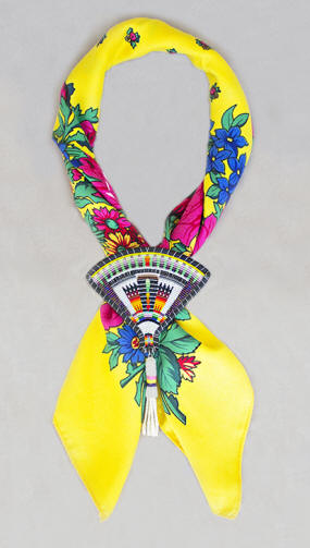 a3762 Navajo yellow/multi cut bead feather fan brooch and scarf set