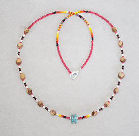 a3768 Red/multi seed bead/ghost bead 1-strand necklace with turquoise