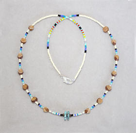 a3775 Ecru/multi 1-strand ghost bead necklace with two turquoise beads