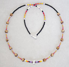 a3786 Black/flame/metallic magenta 1-strand ghost bead necklace with mother of pearl