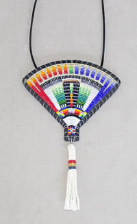a3795 Navajo metallic gold/red/blue/multi cut bead feather fan pendant necklace
