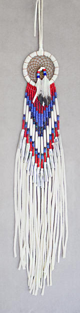 a3798 White leather/bead dream catcher with red, blue/multi seed beads